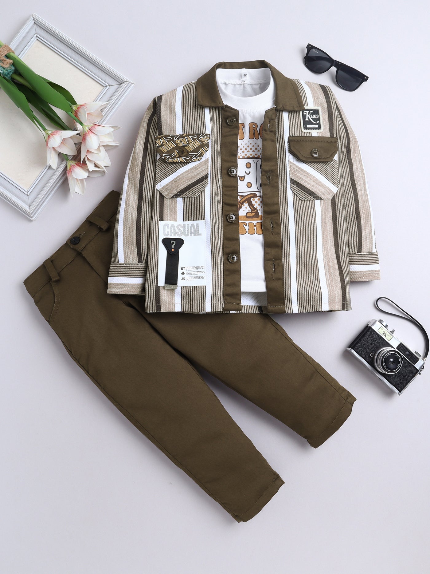 Boys Striped Shirt & Trouser Set With Printed T-shirt