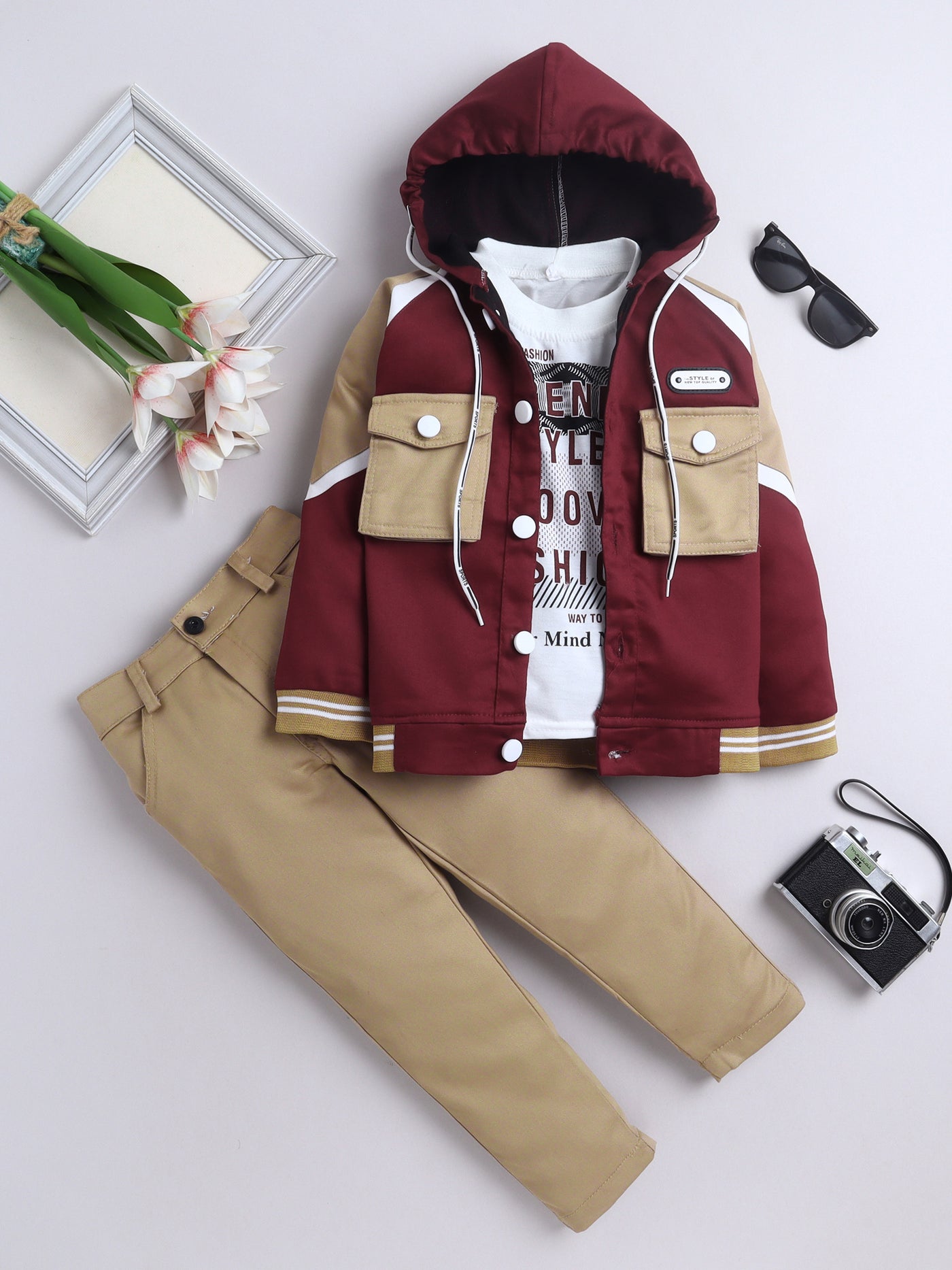 Boys Color-block Hooded Jacket & Trouser Set With Printed T-shirt
