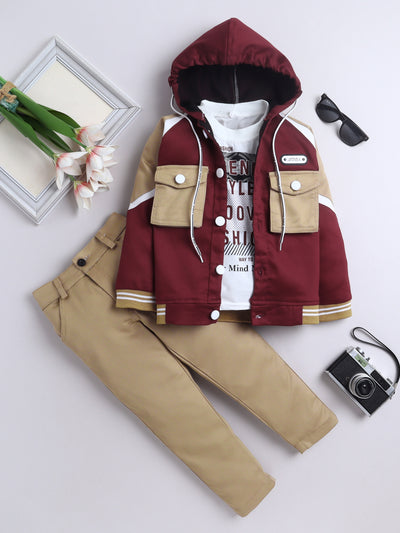 Boys Color-block Hooded Jacket & Trouser Set With Printed T-shirt