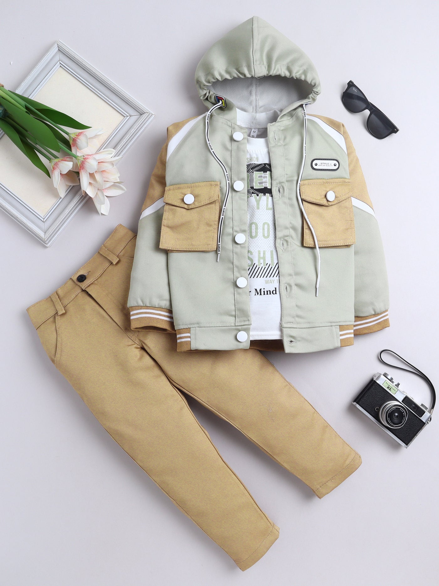 Boys Color-block Hooded Jacket & Trouser Set With Printed T-shirt