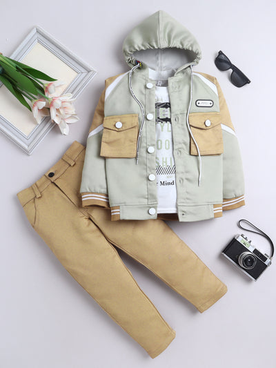 Boys Color-block Hooded Jacket & Trouser Set With Printed T-shirt