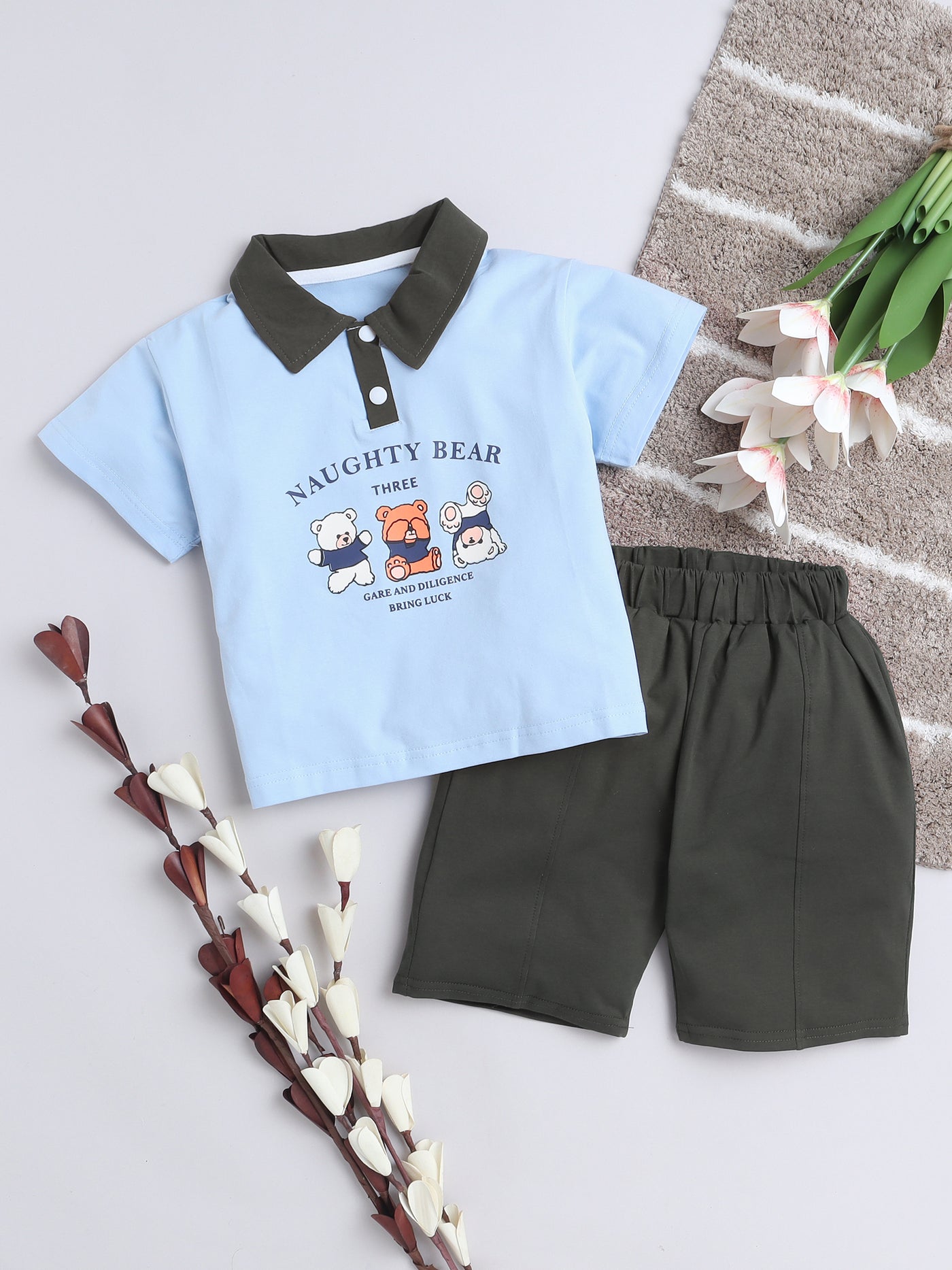 Boys Half Sleeves Printed Polo Neck T-Shirt & Shorts Set