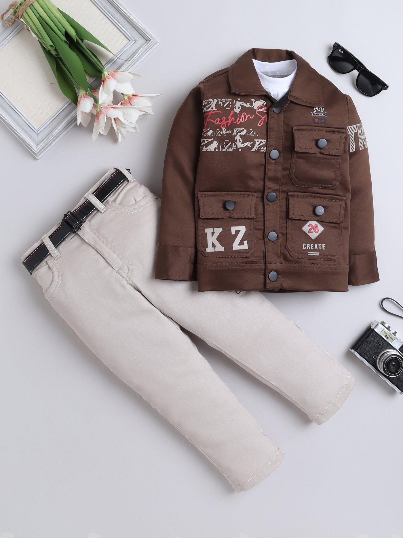 Boys Full Sleeves Jacket & Trouser Set With T-shirt