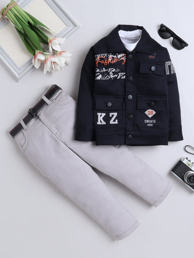 Boys Full Sleeves Jacket & Trouser Set With T-shirt