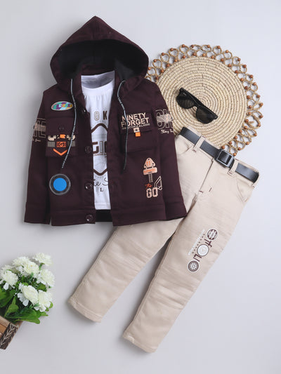 Boys Full Sleeves Hooded Jacket & Trouser Set With T-shirt