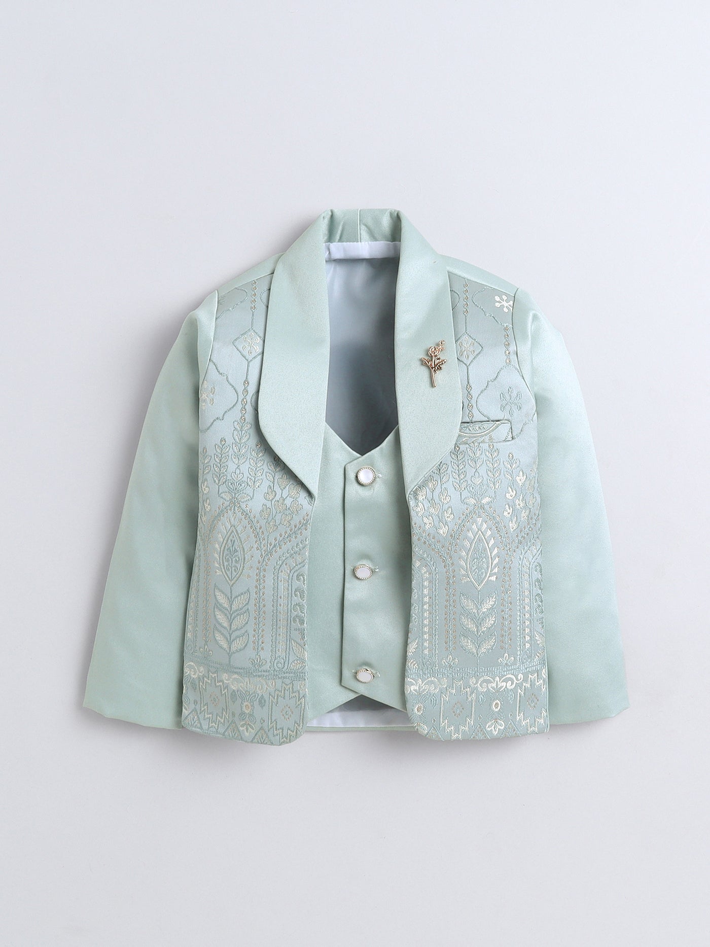 Boys Jacquard Leaf Motifs 3 Piece Suit Set With Bow