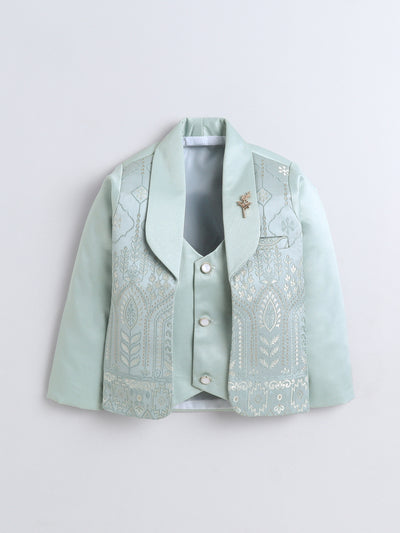 Boys Jacquard Leaf Motifs 3 Piece Suit Set With Bow