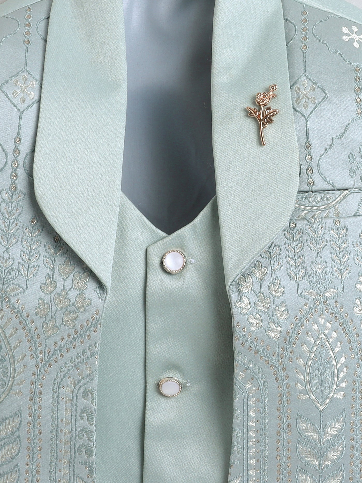 Boys Jacquard Leaf Motifs 3 Piece Suit Set With Bow