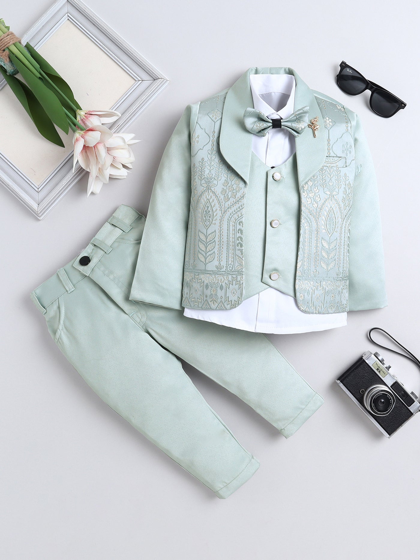 Boys Jacquard Leaf Motifs 3 Piece Suit Set With Bow