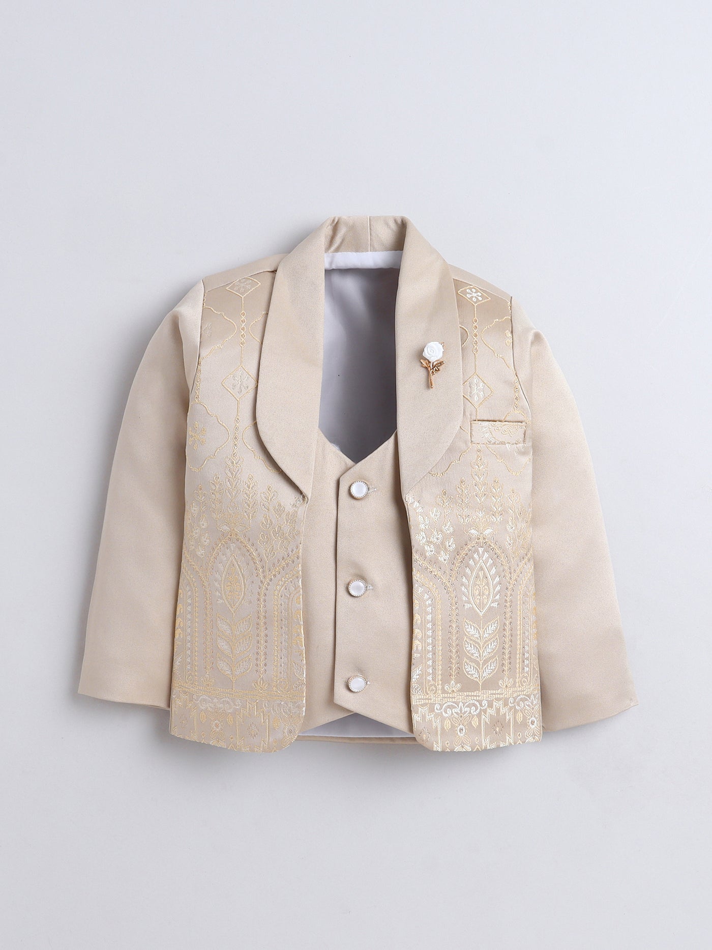 Boys Jacquard Leaf Motifs 3 Piece Suit Set With Bow