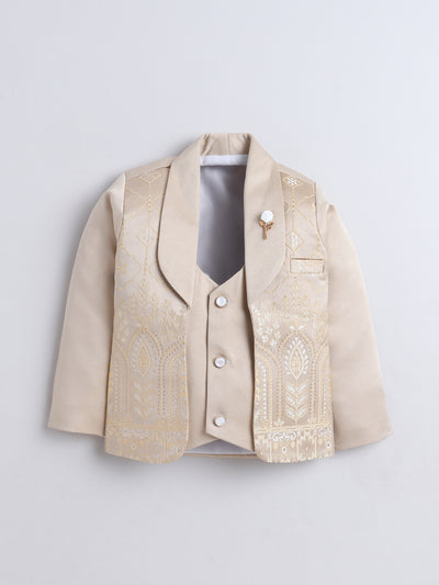 Boys Jacquard Leaf Motifs 3 Piece Suit Set With Bow