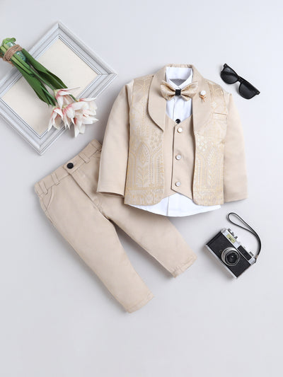 Boys Jacquard Leaf Motifs 3 Piece Suit Set With Bow