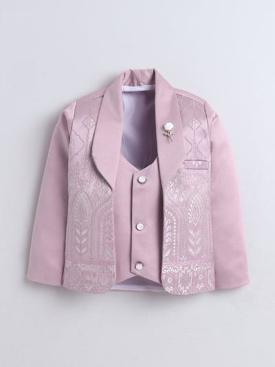 Boys Jacquard Leaf Motifs 3 Piece Suit Set With Bow