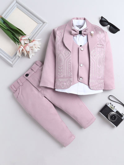 Boys Jacquard Leaf Motifs 3 Piece Suit Set With Bow