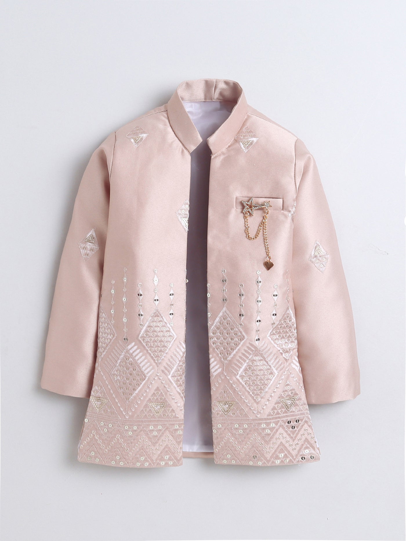 Boys Sequined Embroidered Sherwani & Trouser Set With Shrug