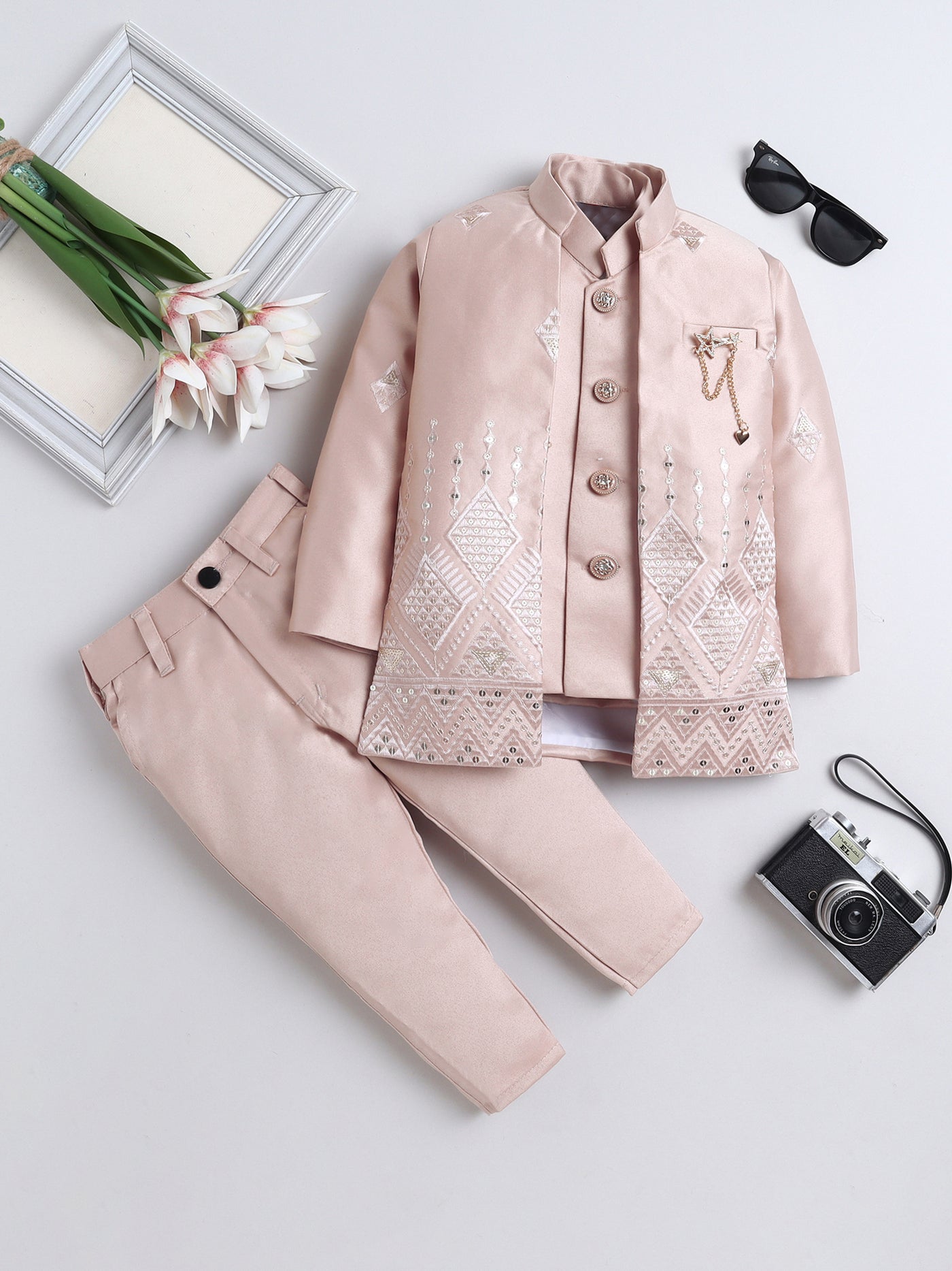 Boys Sequined Embroidered Sherwani & Trouser Set With Shrug