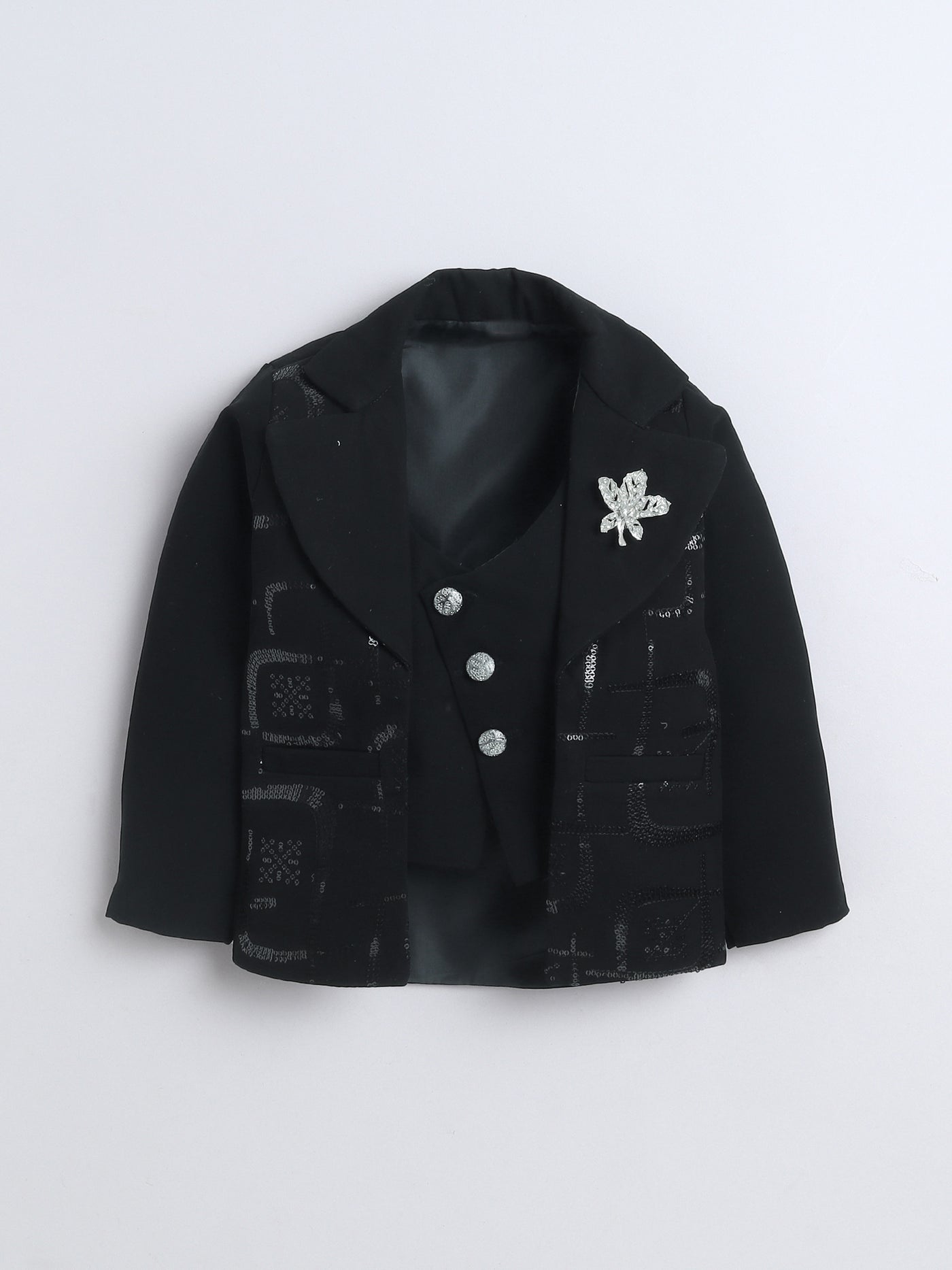 Boys Sequins Embellished 3 Piece Suit Set With Bow