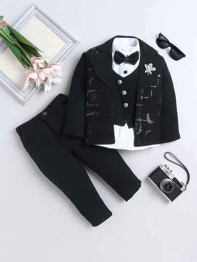 Boys Sequins Embellished 3 Piece Suit Set With Bow