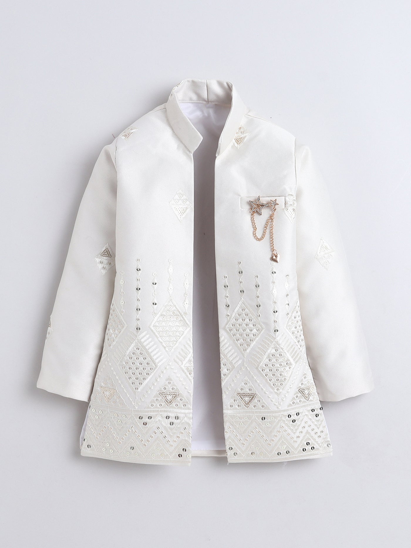 Boys Sequined Embroidered Sherwani & Trouser Set With Shrug