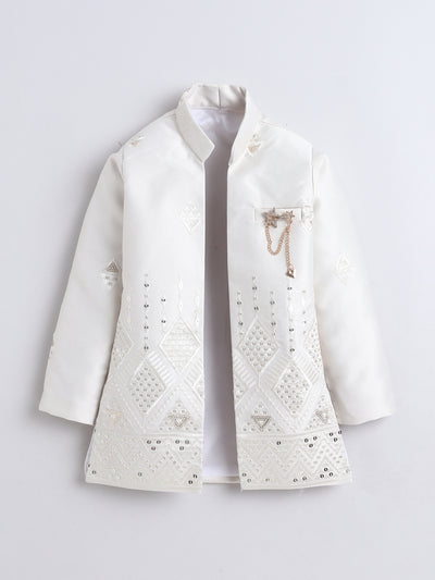 Boys Sequined Embroidered Sherwani & Trouser Set With Shrug