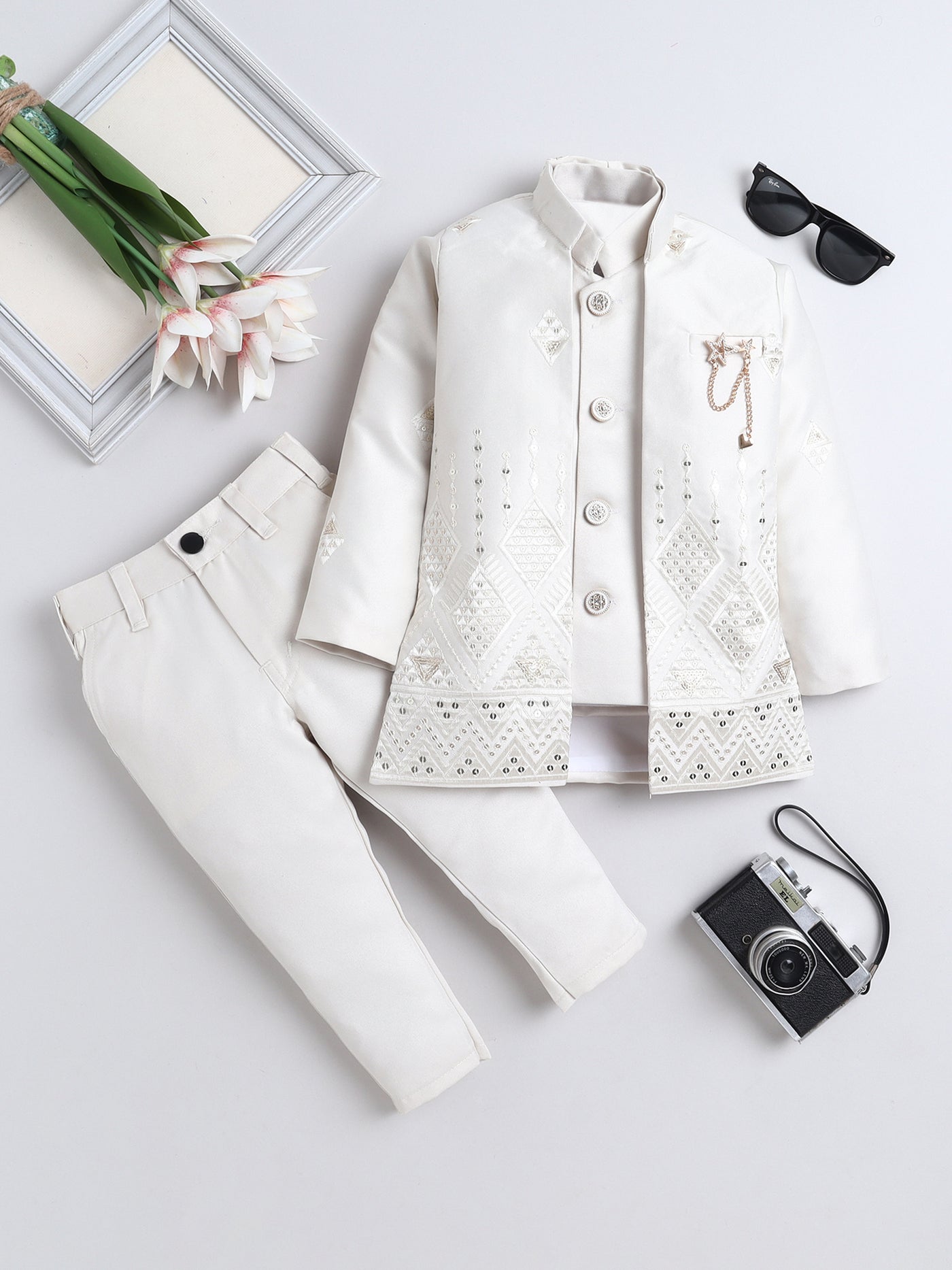 Boys Sequined Embroidered Sherwani & Trouser Set With Shrug