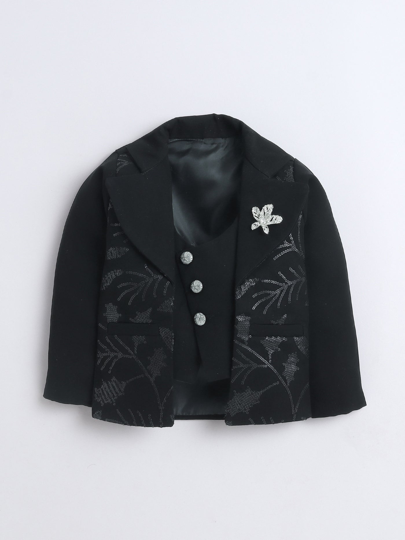 Boys Sequins Embellished 3 Piece Suit Set With Bow