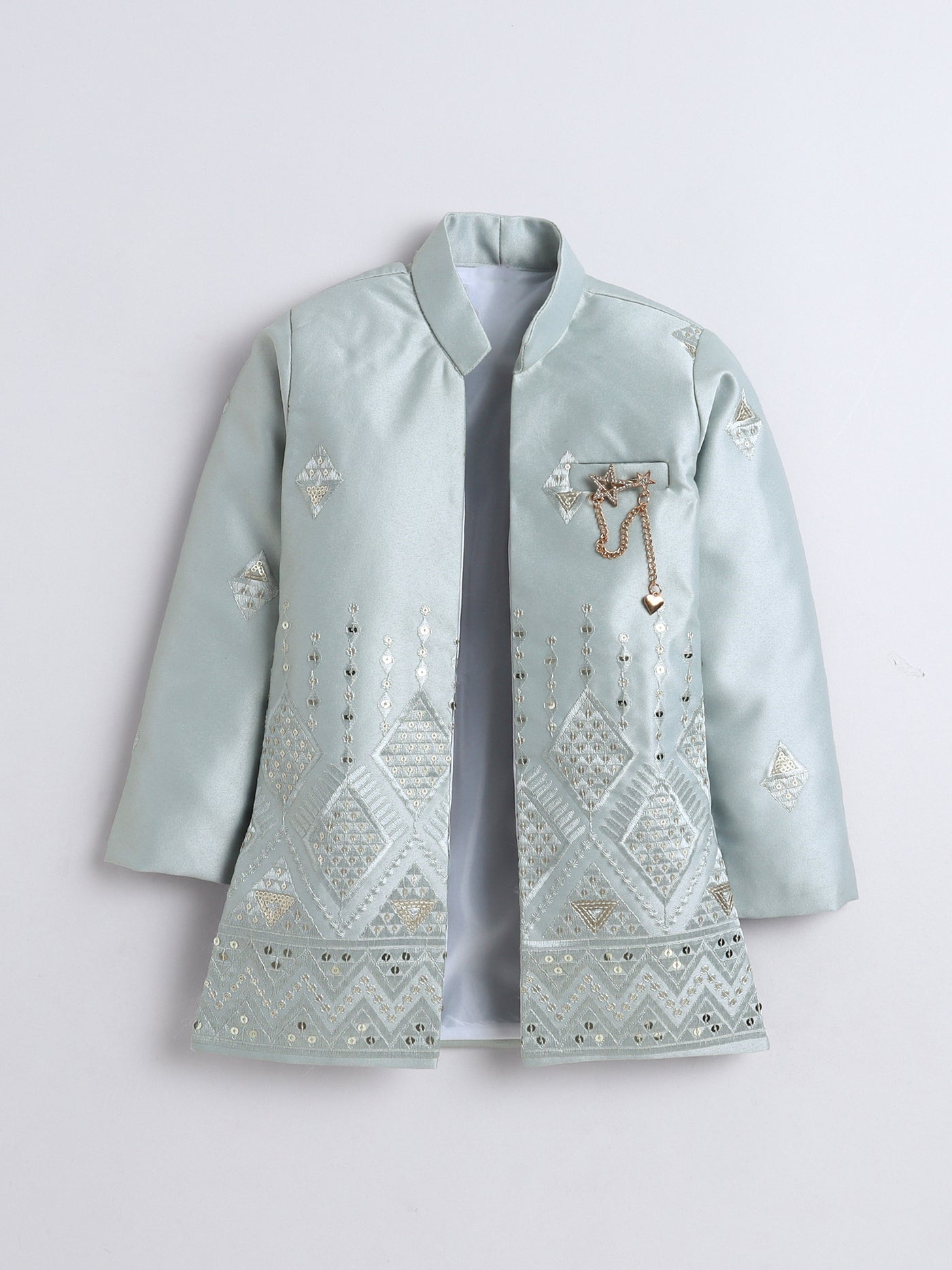 Boys Sequined Embroidered Sherwani & Trouser Set With Shrug