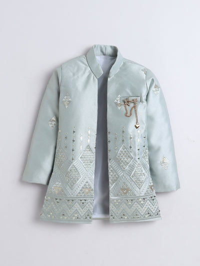 Boys Sequined Embroidered Sherwani & Trouser Set With Shrug
