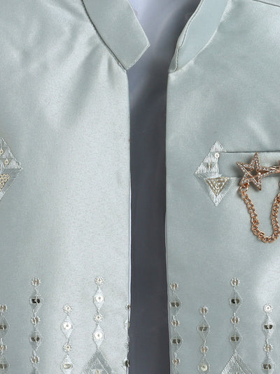 Boys Sequined Embroidered Sherwani & Trouser Set With Shrug