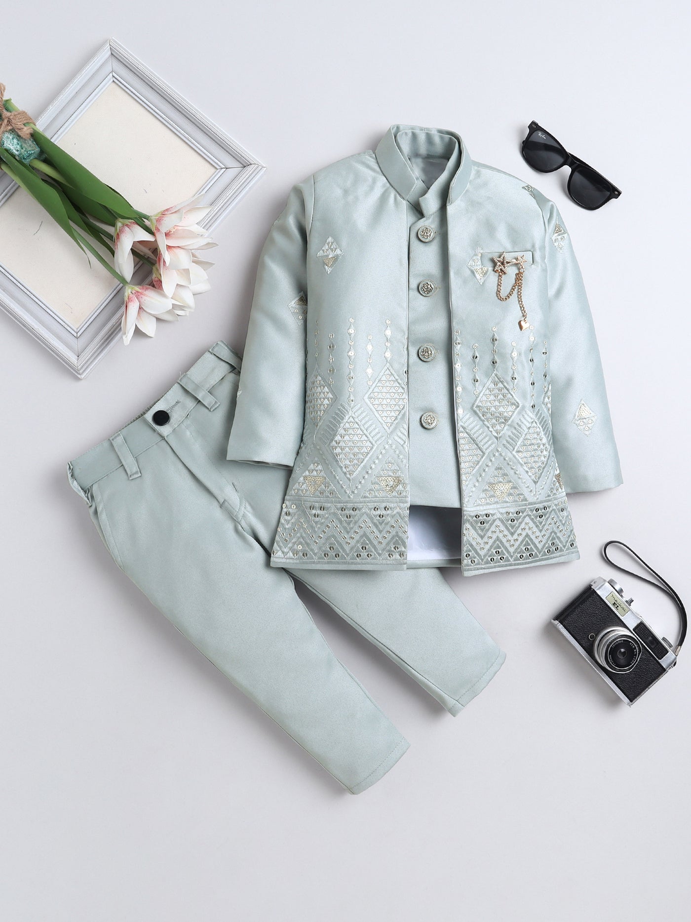Boys Sequined Embroidered Sherwani & Trouser Set With Shrug