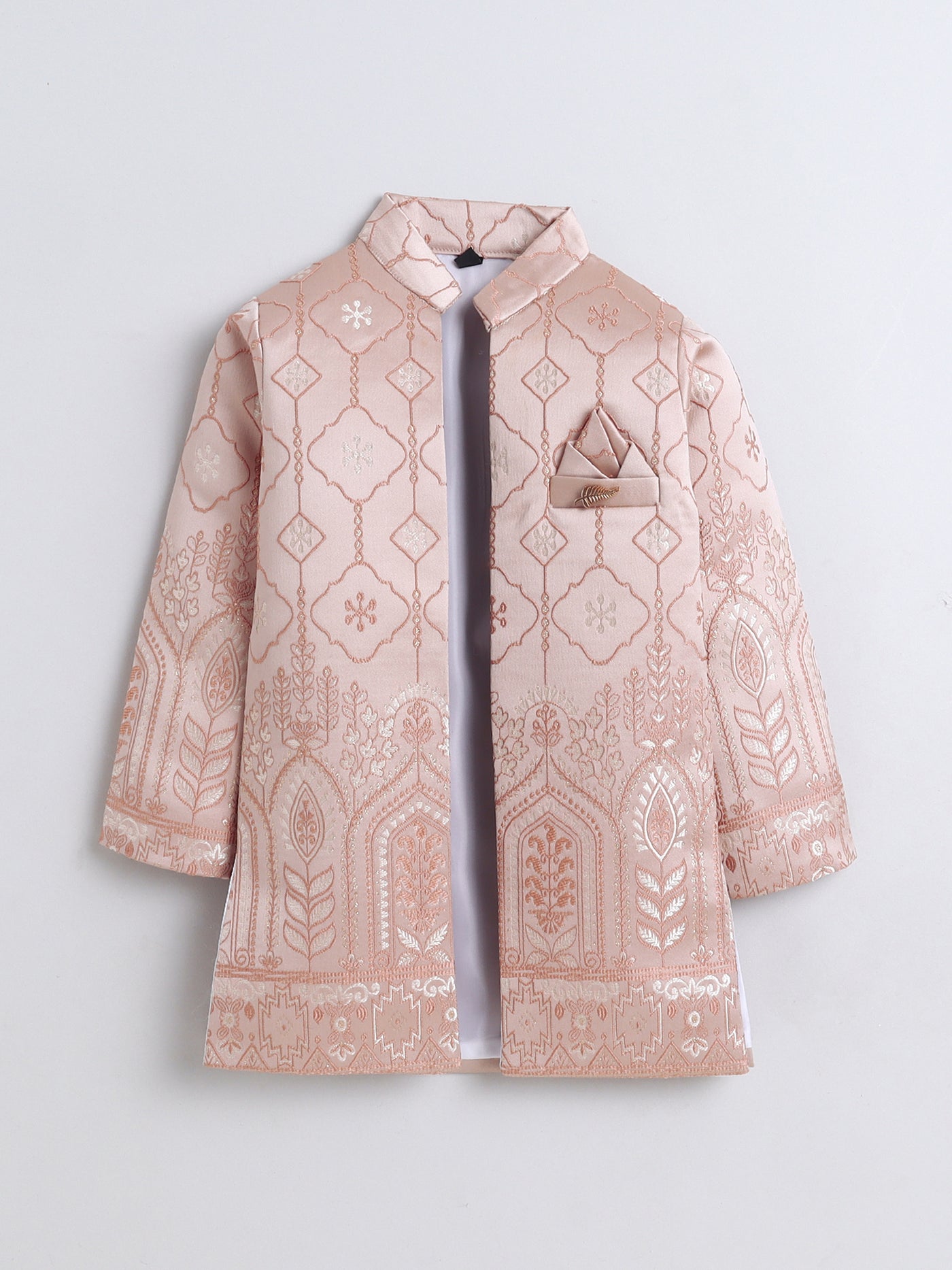 Boys Jacquard Leaf Motifs Sherwani & Trouser Set With Shrug