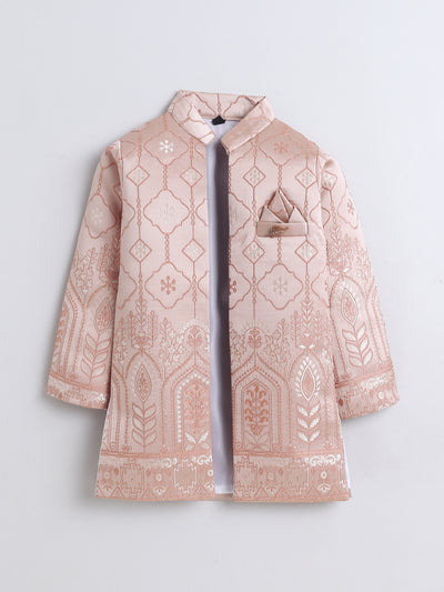 Boys Jacquard Leaf Motifs Sherwani & Trouser Set With Shrug