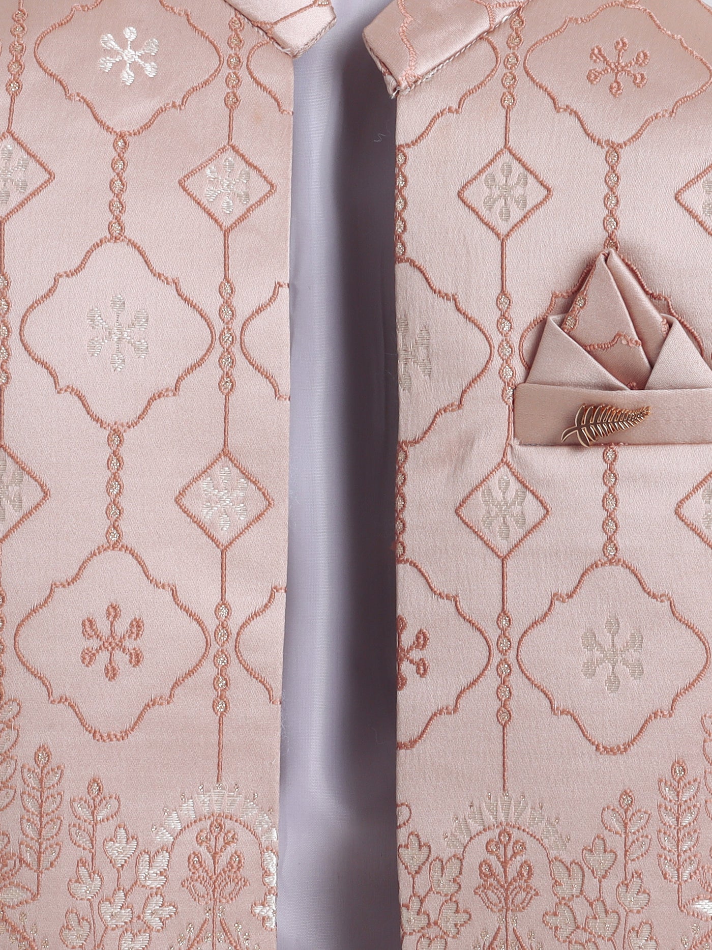 Boys Jacquard Leaf Motifs Sherwani & Trouser Set With Shrug