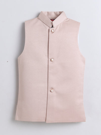 Boys Jacquard Leaf Motifs Sherwani & Trouser Set With Shrug