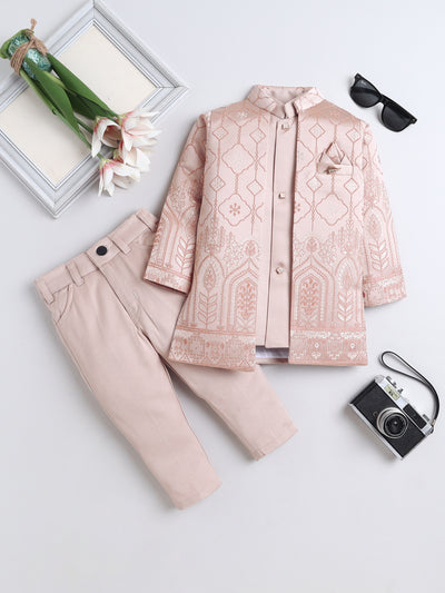 Boys Jacquard Leaf Motifs Sherwani & Trouser Set With Shrug