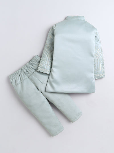 Boys Jacquard Leaf Motifs Sherwani & Trouser Set With Shrug