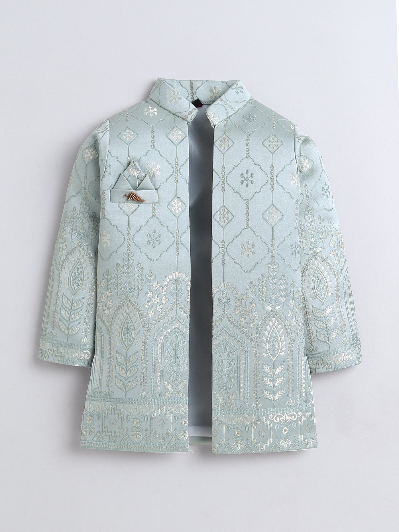 Boys Jacquard Leaf Motifs Sherwani & Trouser Set With Shrug