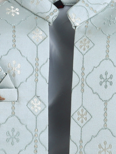 Boys Jacquard Leaf Motifs Sherwani & Trouser Set With Shrug