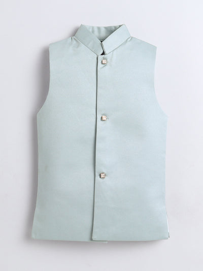 Boys Jacquard Leaf Motifs Sherwani & Trouser Set With Shrug