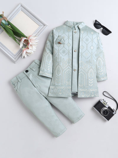 Boys Jacquard Leaf Motifs Sherwani & Trouser Set With Shrug