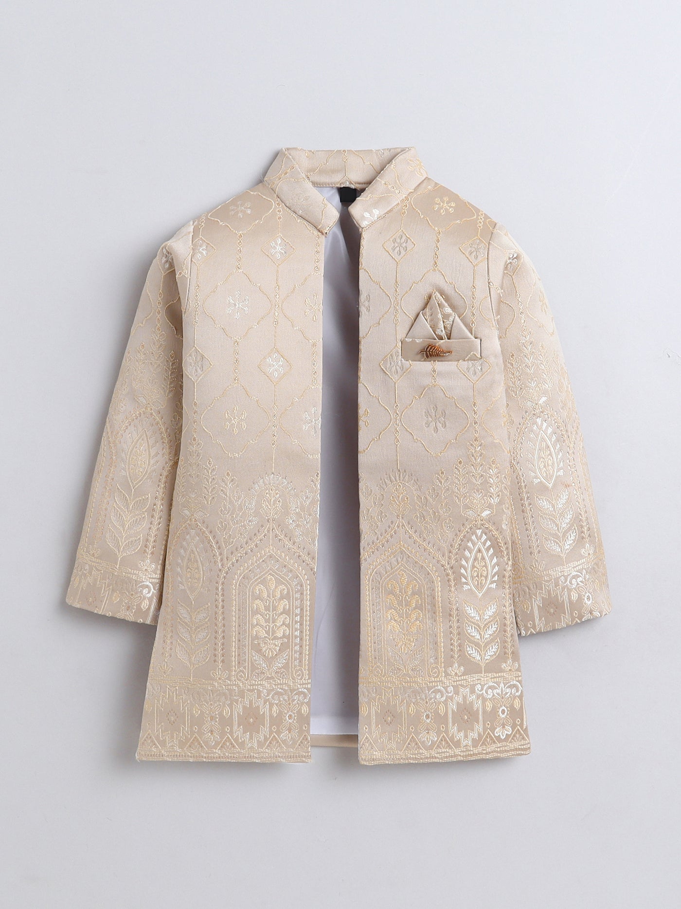 Boys Jacquard Leaf Motifs Sherwani & Trouser Set With Shrug