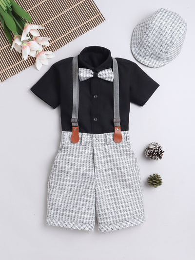 Boys Half Sleeves Shirt & Shorts Set With Cap, Suspenders & Bow