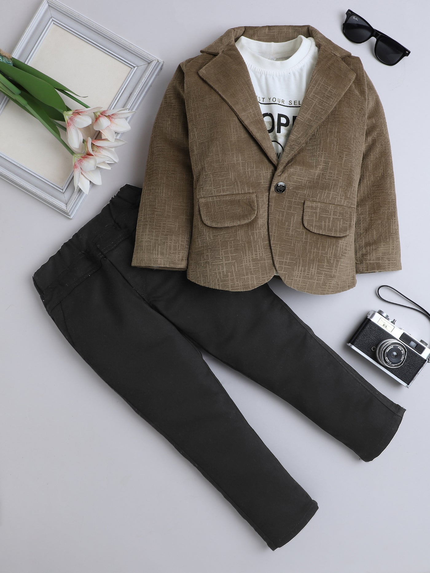 Boys Velvet Textured Blazer & Trouser Set With Printed T-shirt
