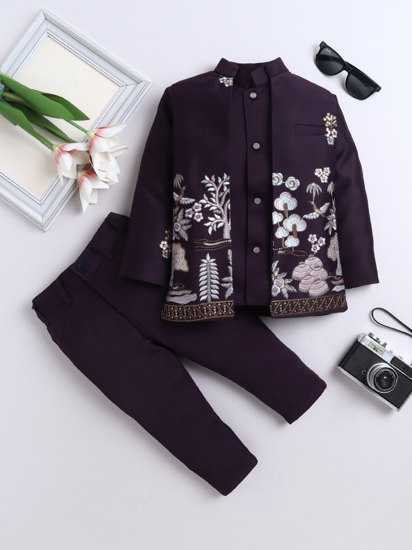 Boys Sequins Embellished & Floral Embroidered Sherwani Set