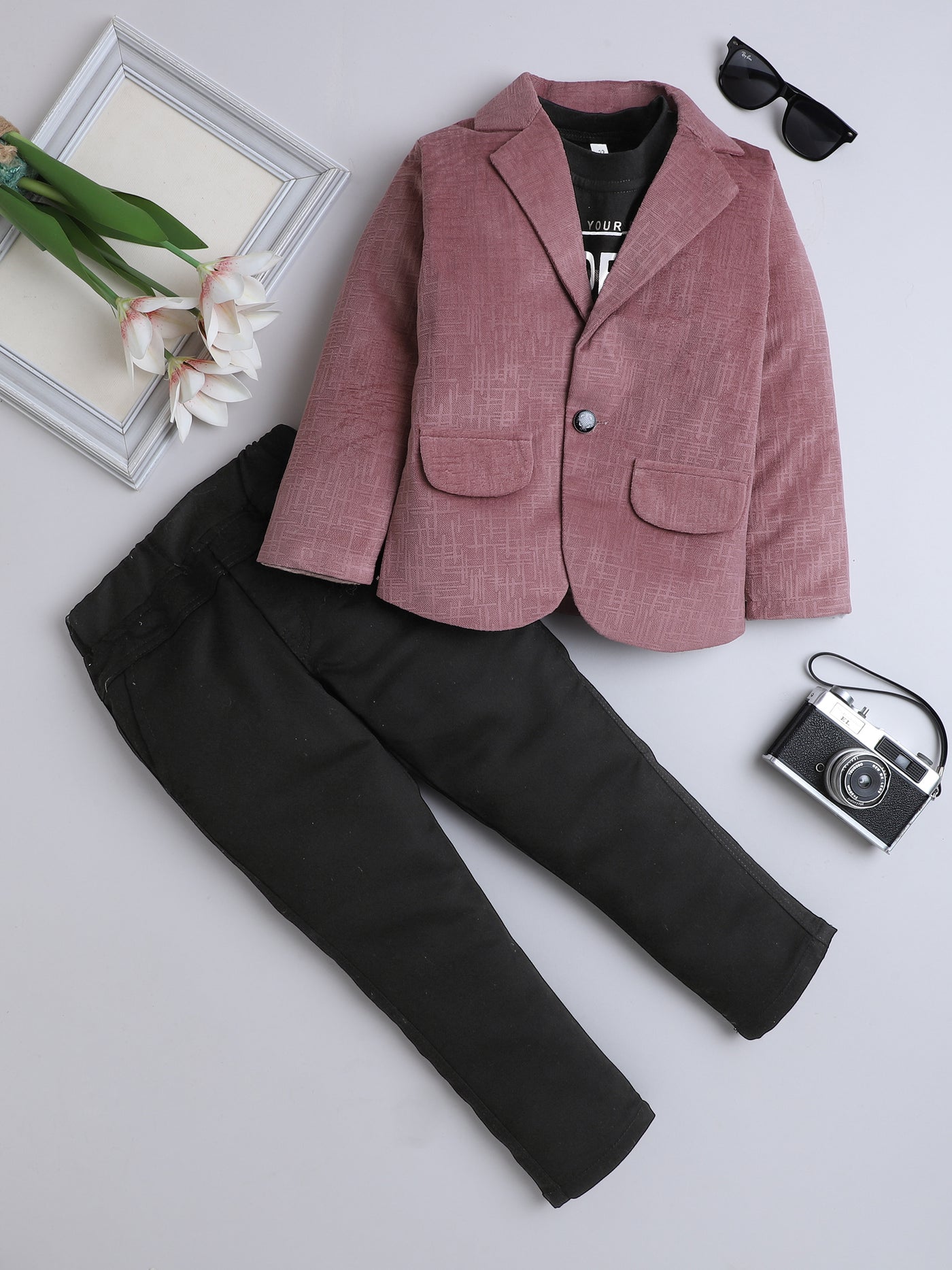 Boys Velvet Textured Blazer & Trouser Set With Printed T-shirt