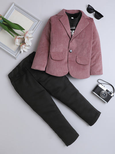 Boys Velvet Textured Blazer & Trouser Set With Printed T-shirt