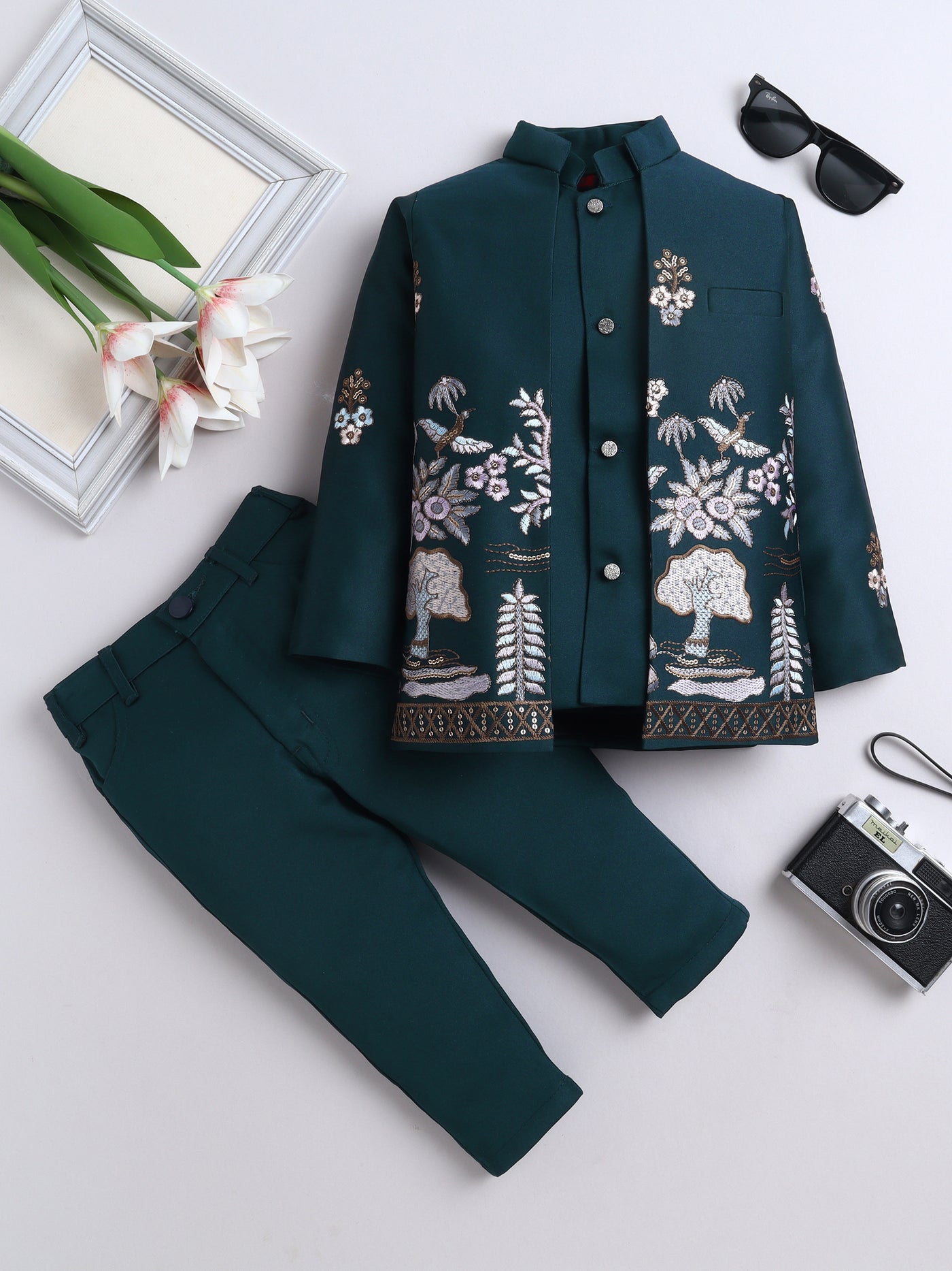 Boys Sequins Embellished & Floral Embroidered Sherwani Set