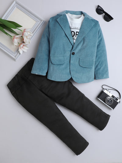 Boys Velvet Textured Blazer & Trouser Set With Printed T-shirt