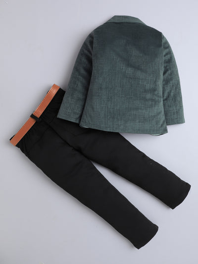 Boys Velvet Textured Blazer & Trouser Set With Printed T-shirt