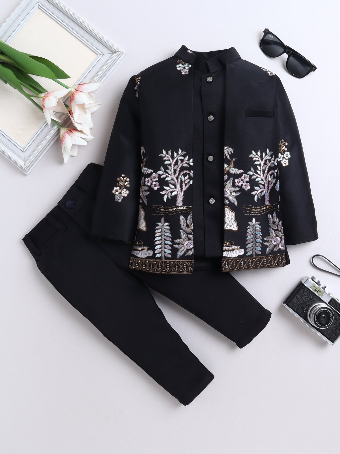Boys Sequins Embellished & Floral Embroidered Sherwani Set